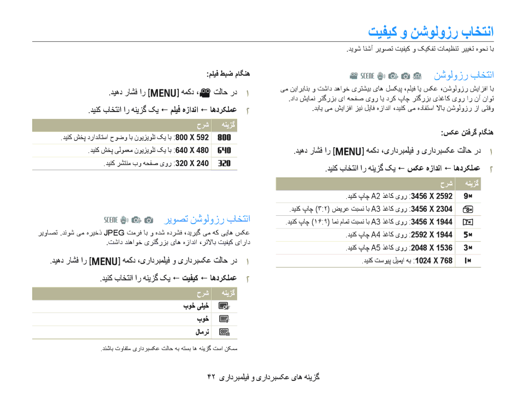 Samsung EC-PL10ZPBP/ME, EC-PL10ZBBP/ME, EC-PL10ZRBP/ME, EC-PL10ZLBP/ME manual ﺖﻴﻔﻴﮐ ﻭ ﻦﺷﻮﻟﻭﺯﺭ ﺏﺎﺨﺘﻧﺍ, P a ﺮﻳﻮﺼﺗ ﻦﺷﻮﻟﻭﺯﺭ ﺏﺎﺨﺘﻧﺍ 