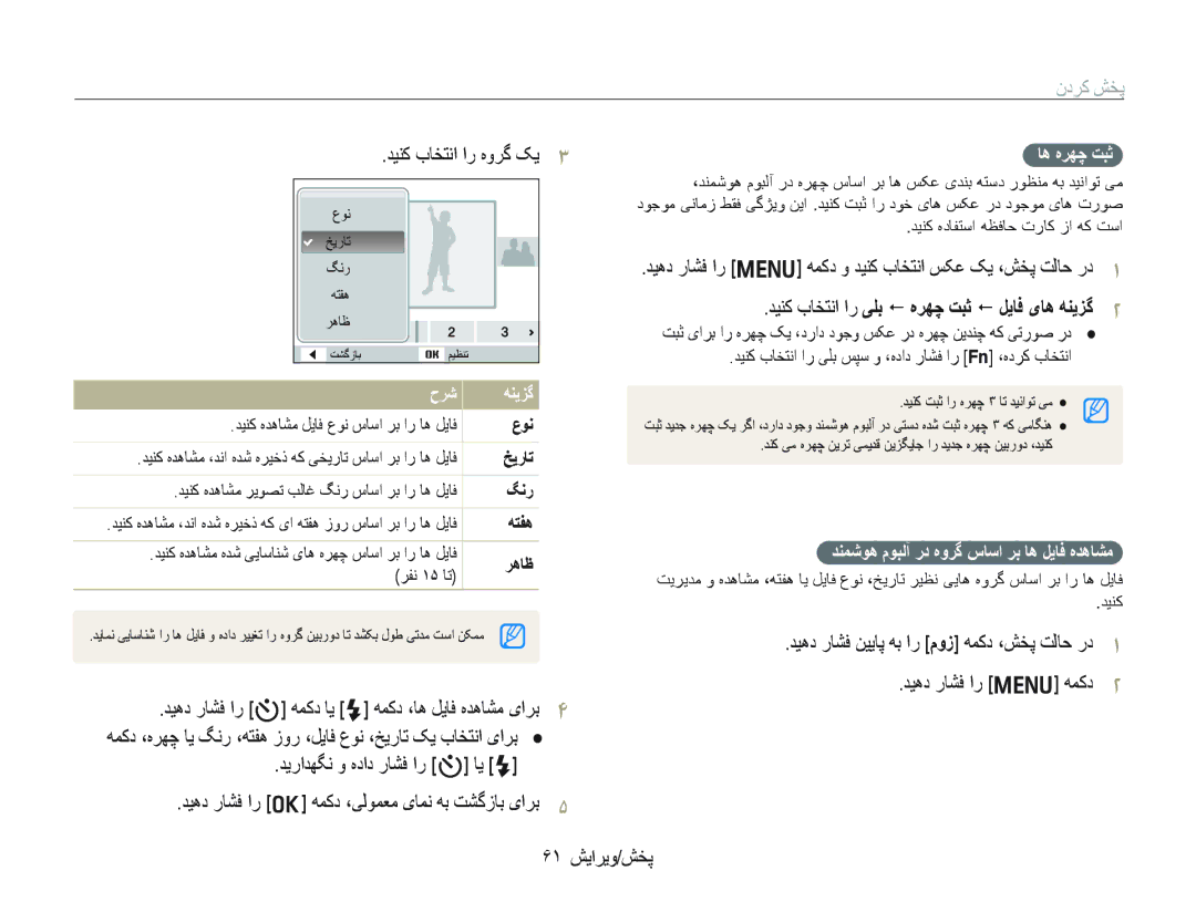 Samsung EC-PL10ZADP/ME manual ﻥﺩﺮﮐ ﺶﺨﭘ, ﺪﻴﻨﮐ ﺏﺎﺨﺘﻧﺍ ﺍﺭ ﻩﻭﺮﮔ ﮏﻳ, ﺪﻴﻫﺩ ﺭﺎﺸﻓ ﺍﺭ t ﻪﻤﮐﺩ ﺎﻳ F ﻪﻤﮐﺩ ،ﺎﻫ ﻞﻳﺎﻓ ﻩﺪﻫﺎﺸﻣ یﺍﺮﺑ 