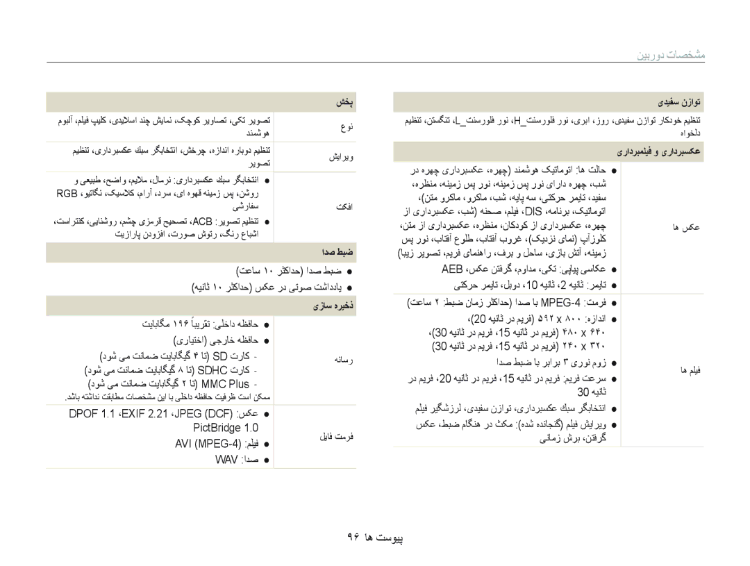 Samsung EC-PL10ZPBP/ME, EC-PL10ZBBP/ME, EC-PL10ZRBP/ME manual ﻦﻴﺑﺭﻭﺩ ﺕﺎﺼﺨﺸﻣ, ٩۶ ﺎﻫ ﺖﺳﻮﻴﭘ, ﺍﺪﺻ ﻂﺒﺿ, یﺯﺎﺳ ﻩﺮﻴﺧﺫ, یﺪﻴﻔﺳ ﻥﺯﺍﻮﺗ 