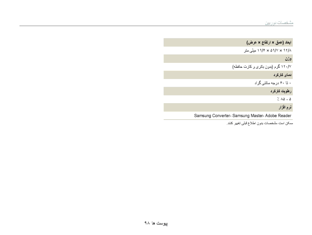 Samsung EC-PL10ZBBP/ME, EC-PL10ZRBP/ME, EC-PL10ZLBP/ME, EC-PL10ZRDP/ME, EC-PL10ZABP/SA, EC-PL10ZRBP/SA manual ٩٨ ﺎﻫ ﺖﺳﻮﻴﭘ 