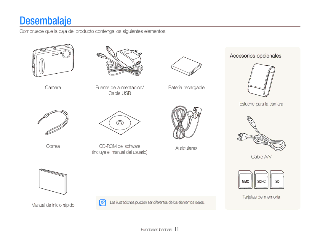 Samsung EC-PL10ZRBP/E1, EC-PL10ZPBP/E1 manual Desembalaje, Accesorios opcionales, Correa, Funciones básicas 