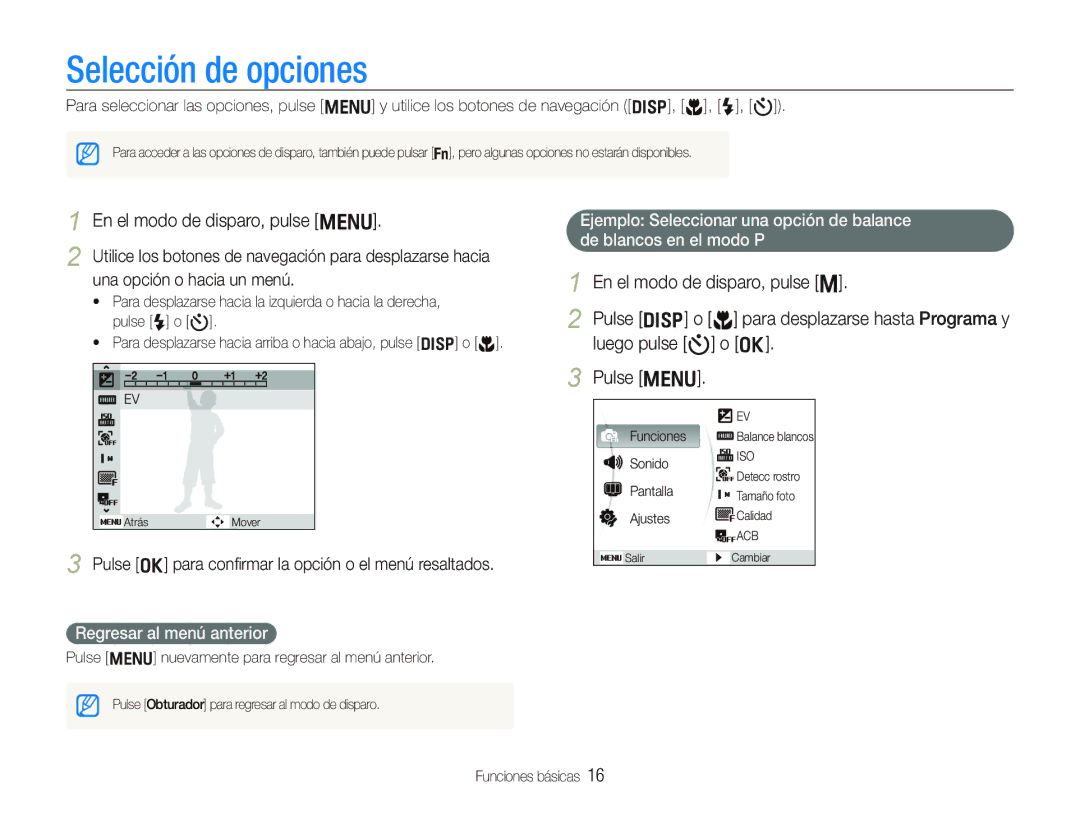 Samsung EC-PL10ZPBP/E1 Selección de opciones, En el modo de disparo, pulse m, En el modo de disparo, pulse O, Pulse m 