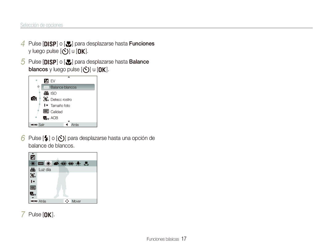 Samsung EC-PL10ZRBP/E1, EC-PL10ZPBP/E1 manual Selección de opciones, Pulse o 