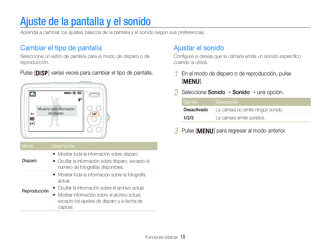 Samsung EC-PL10ZPBP/E1, EC-PL10ZRBP/E1 Ajuste de la pantalla y el sonido, Cambiar el tipo de pantalla, Ajustar el sonido 