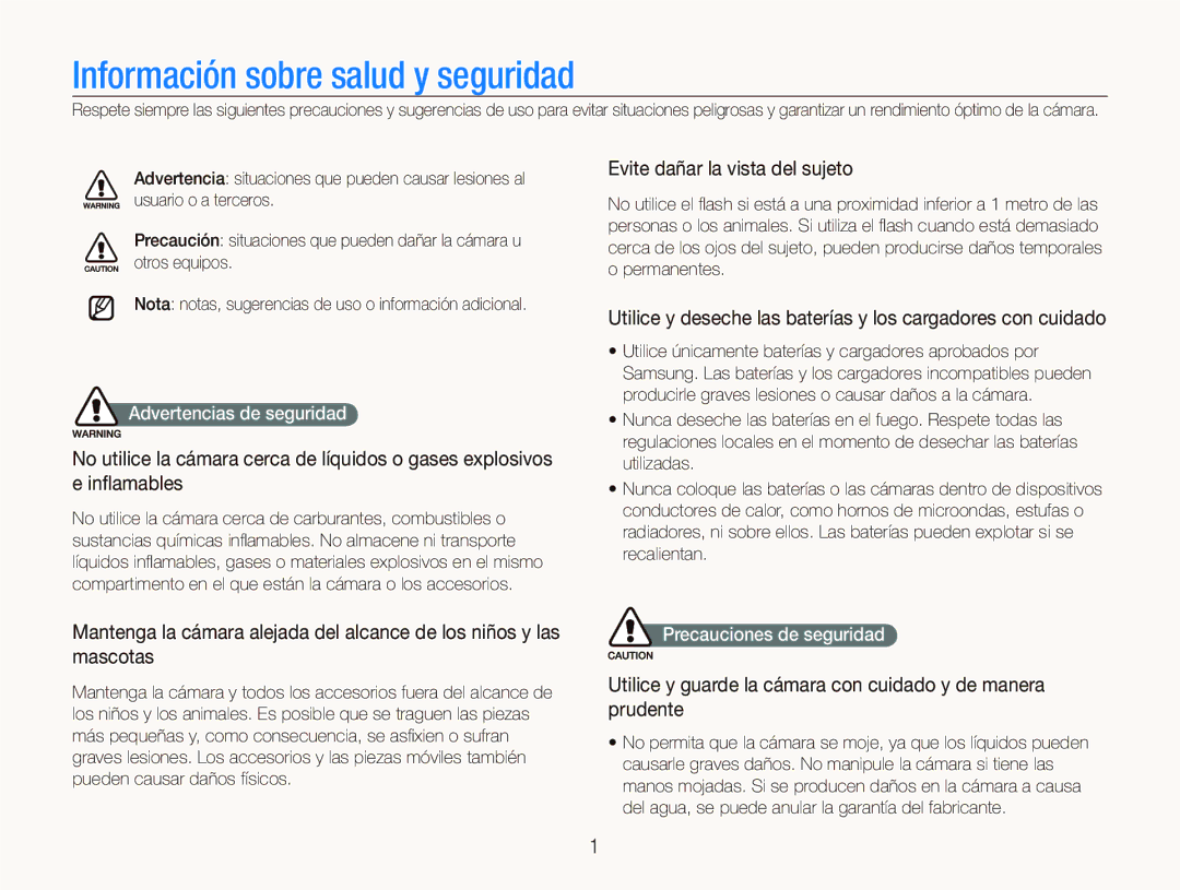 Samsung EC-PL10ZRBP/E1 manual Evite dañar la vista del sujeto, Utilice y deseche las baterías y los cargadores con cuidado 