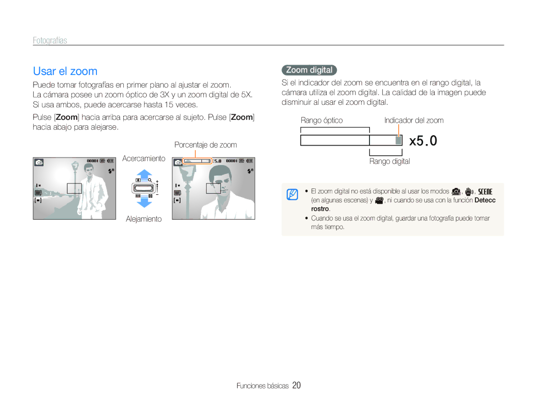 Samsung EC-PL10ZPBP/E1, EC-PL10ZRBP/E1 manual Usar el zoom, Fotografías, Zoom digital, Alejamiento, Rango digital 