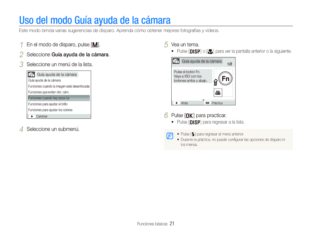 Samsung EC-PL10ZRBP/E1 Uso del modo Guía ayuda de la cámara, Vea un tema, Pulse o para practicar, Seleccione un submenú 