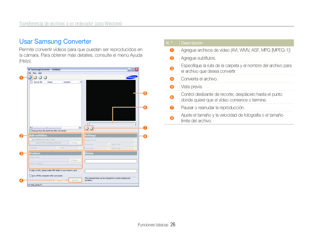 Samsung EC-PL10ZPBP/E1, EC-PL10ZRBP/E1 manual Usar Samsung Converter, ˆ Agregue archivos de vídeo AVI, WMV, ASF, MPG MPEG-1 