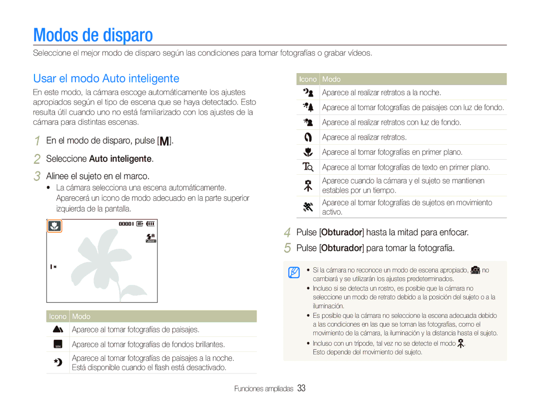 Samsung EC-PL10ZRBP/E1, EC-PL10ZPBP/E1 manual Modos de disparo, Usar el modo Auto inteligente, Icono Modo 