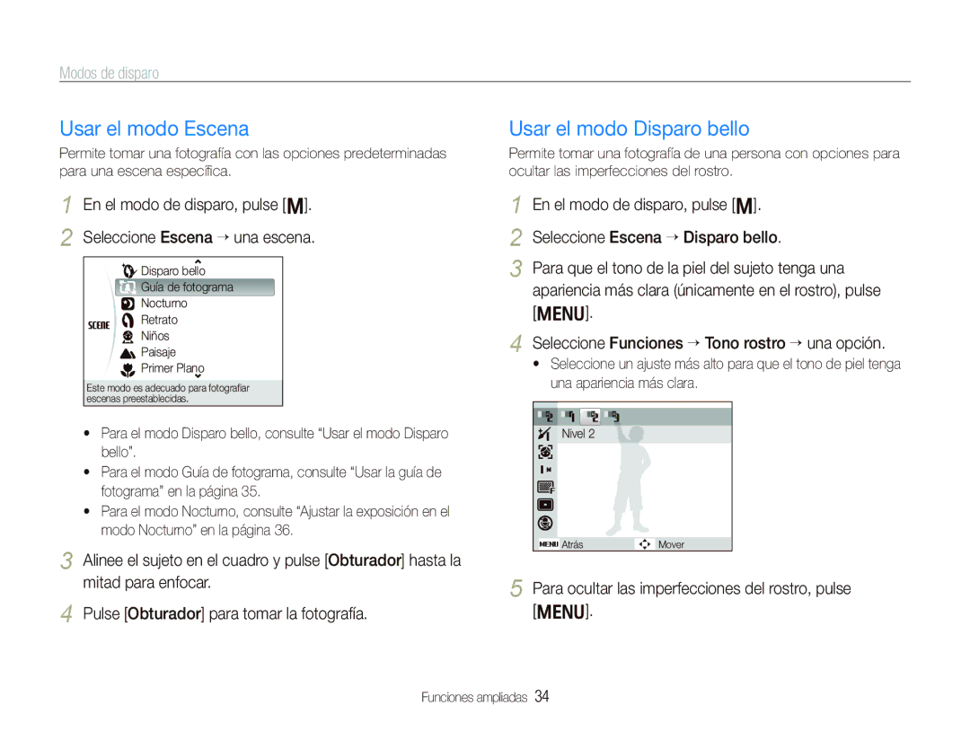 Samsung EC-PL10ZPBP/E1, EC-PL10ZRBP/E1 manual Usar el modo Escena, Usar el modo Disparo bello, Modos de disparo 