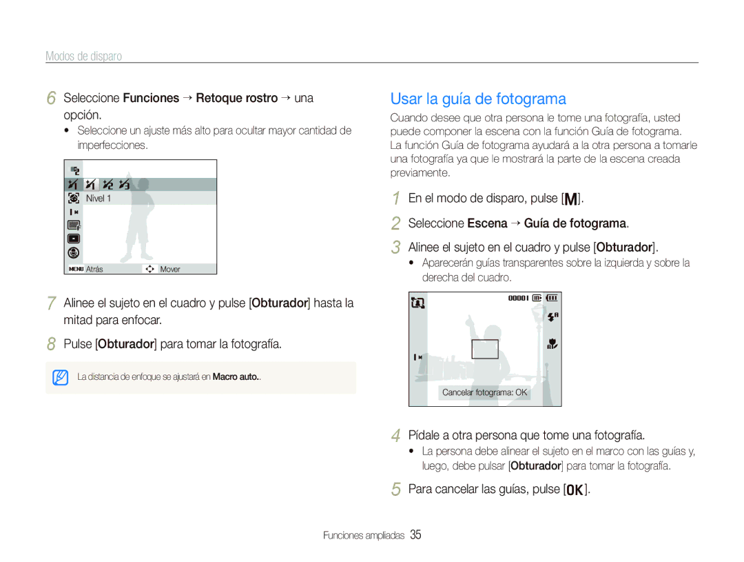 Samsung EC-PL10ZRBP/E1, EC-PL10ZPBP/E1 manual Usar la guía de fotograma, Seleccione Funciones “ Retoque rostro ““una Opción 