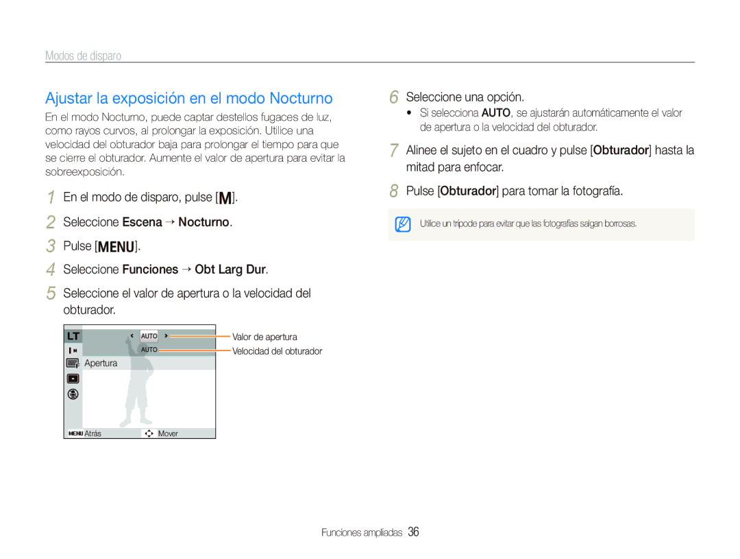 Samsung EC-PL10ZPBP/E1, EC-PL10ZRBP/E1 manual Ajustar la exposición en el modo Nocturno, Seleccione una opción 