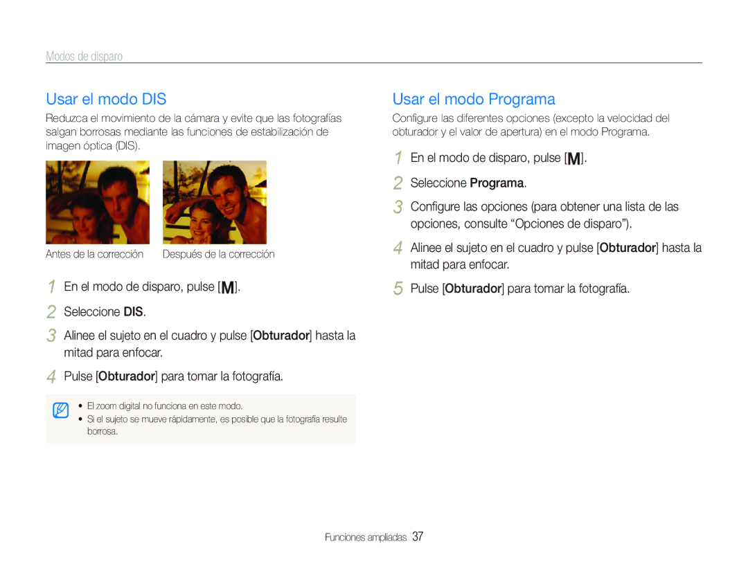 Samsung EC-PL10ZRBP/E1, EC-PL10ZPBP/E1 manual Usar el modo DIS, Usar el modo Programa, Seleccione DIS, Mitad para enfocar 