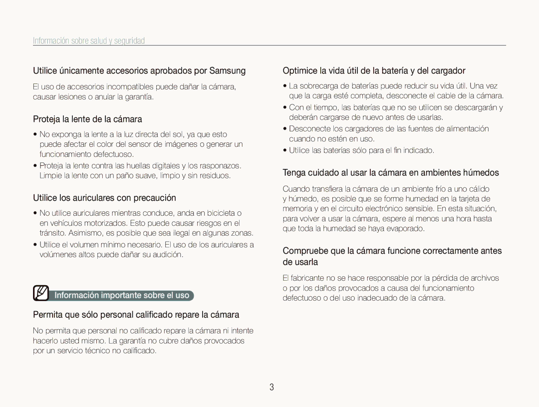 Samsung EC-PL10ZRBP/E1, EC-PL10ZPBP/E1 Utilice únicamente accesorios aprobados por Samsung, Proteja la lente de la cámara 