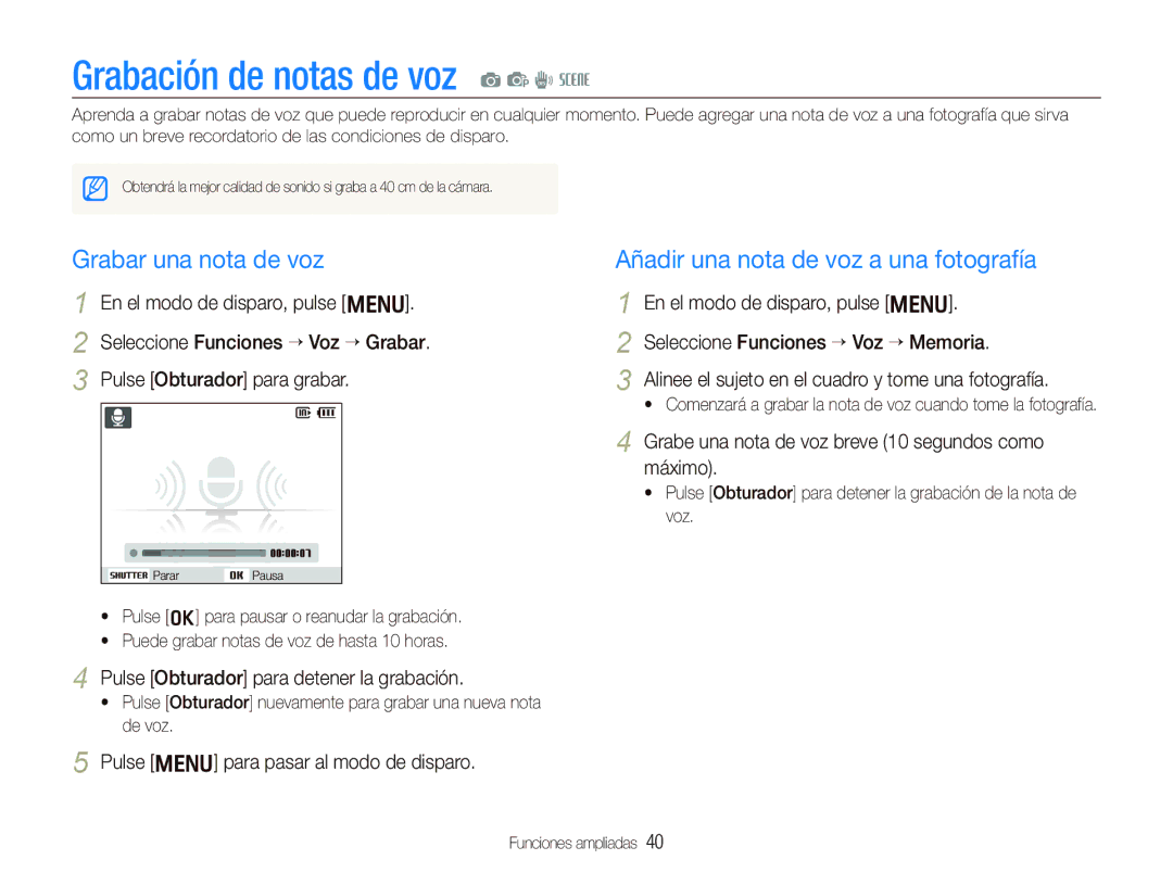 Samsung EC-PL10ZPBP/E1 Grabación de notas de voz a p d s, Grabar una nota de voz, Añadir una nota de voz a una fotografía 