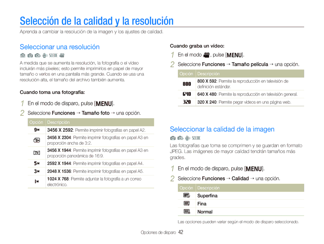 Samsung EC-PL10ZPBP/E1, EC-PL10ZRBP/E1 manual Selección de la calidad y la resolución, Seleccionar una resolución 