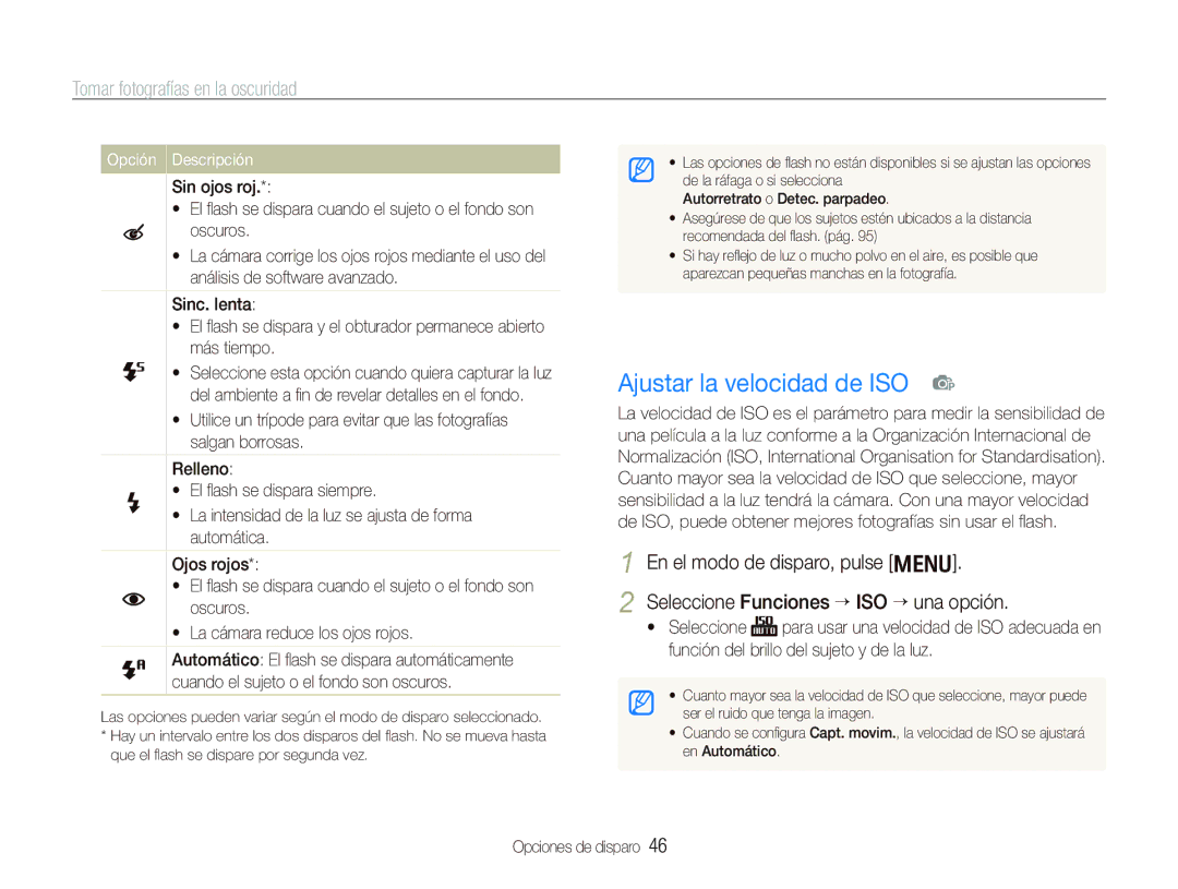 Samsung EC-PL10ZPBP/E1, EC-PL10ZRBP/E1 manual Ajustar la velocidad de ISO p, Tomar fotografías en la oscuridad 