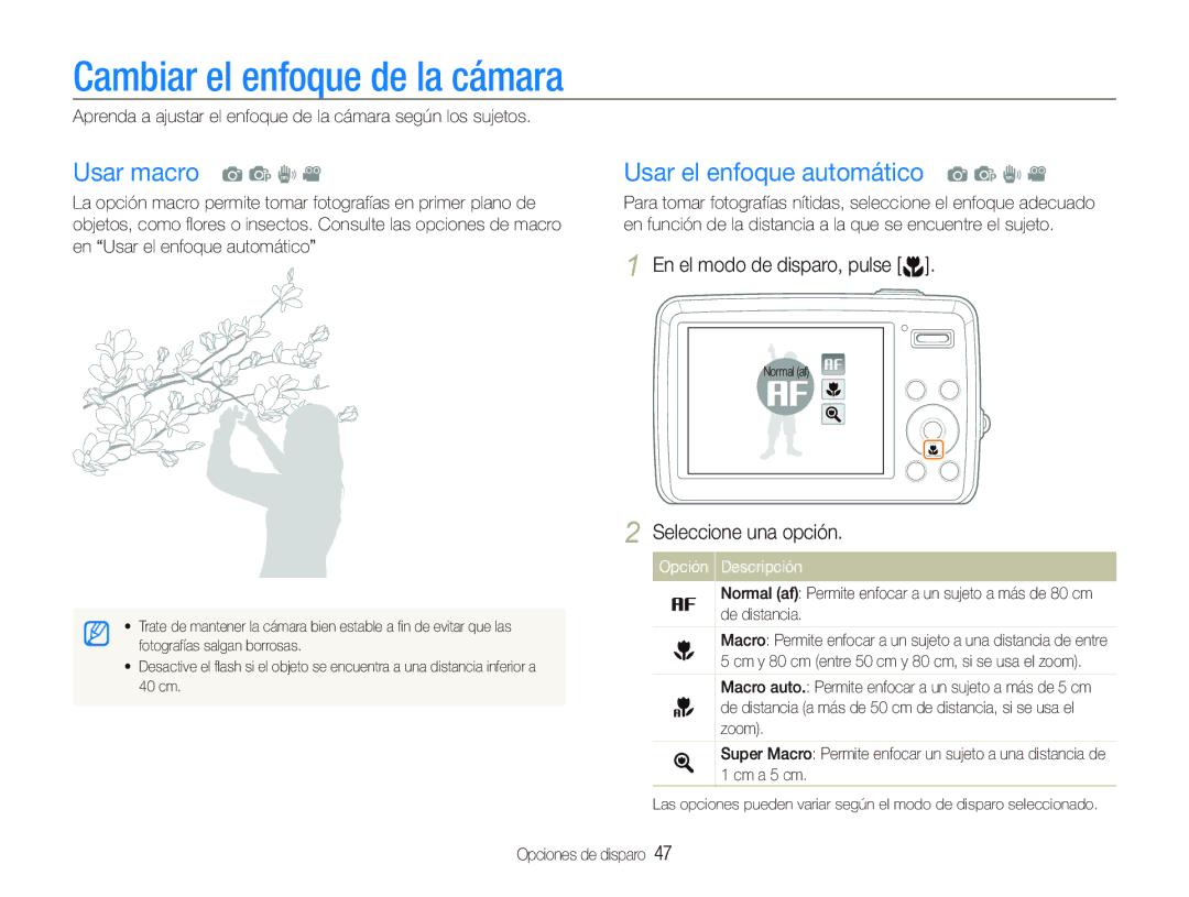 Samsung EC-PL10ZRBP/E1, EC-PL10ZPBP/E1 Cambiar el enfoque de la cámara, Usar macro a p d, Usar el enfoque automático a p d 