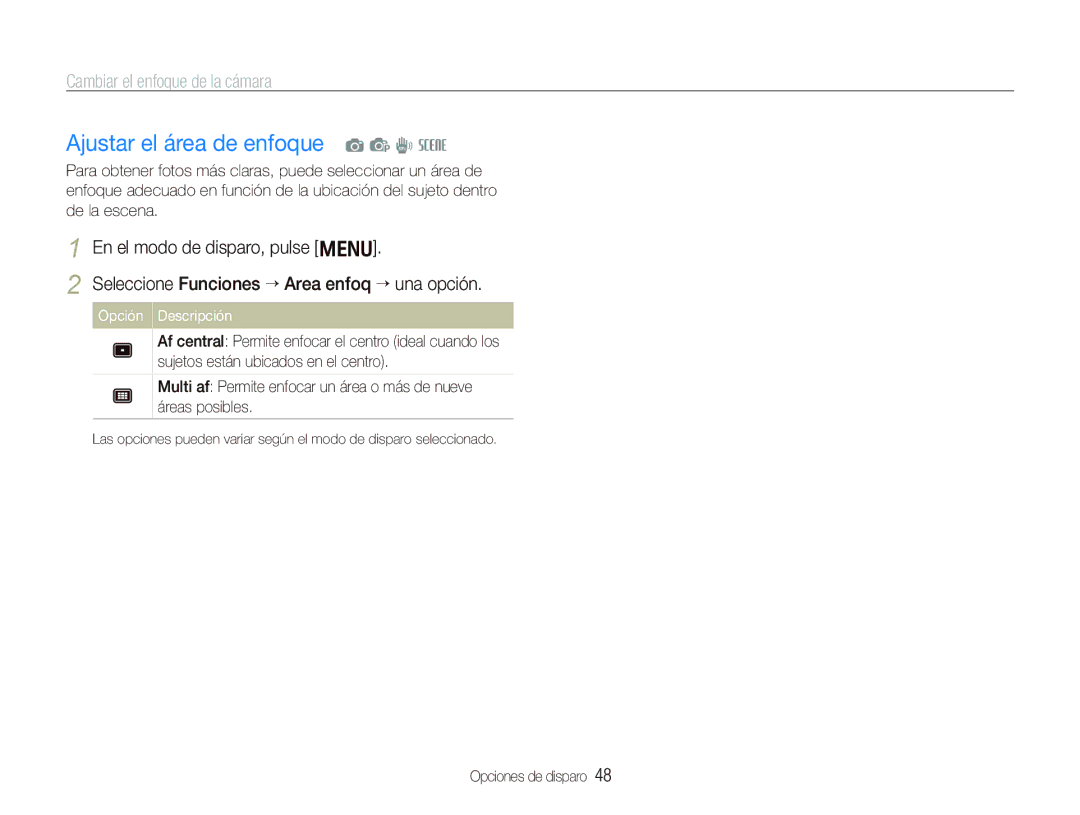Samsung EC-PL10ZPBP/E1, EC-PL10ZRBP/E1 manual Ajustar el área de enfoque a p d s, Cambiar el enfoque de la cámara 