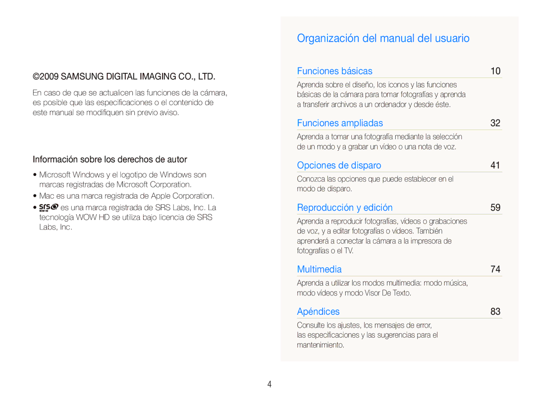 Samsung EC-PL10ZPBP/E1, EC-PL10ZRBP/E1 Organización del manual del usuario, Información sobre los derechos de autor 