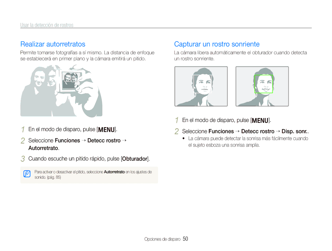 Samsung EC-PL10ZPBP/E1, EC-PL10ZRBP/E1 Realizar autorretratos, Capturar un rostro sonriente, Usar la detección de rostros 