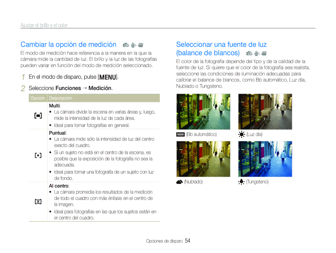 Samsung EC-PL10ZPBP/E1 Cambiar la opción de medición p d, Seleccionar una fuente de luz balance de blancos p d, Multi 