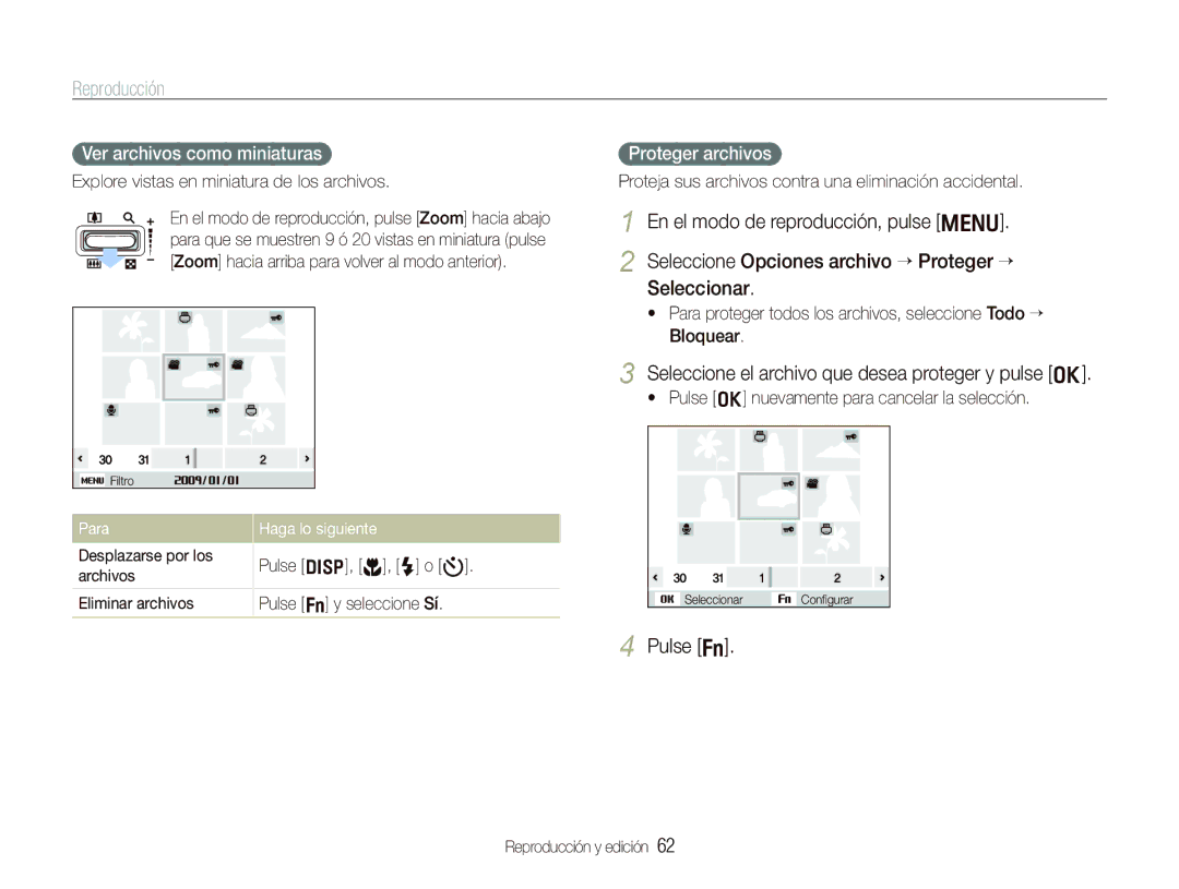 Samsung EC-PL10ZPBP/E1 manual Seleccione el archivo que desea proteger y pulse o, Pulse f, Ver archivos como miniaturas 