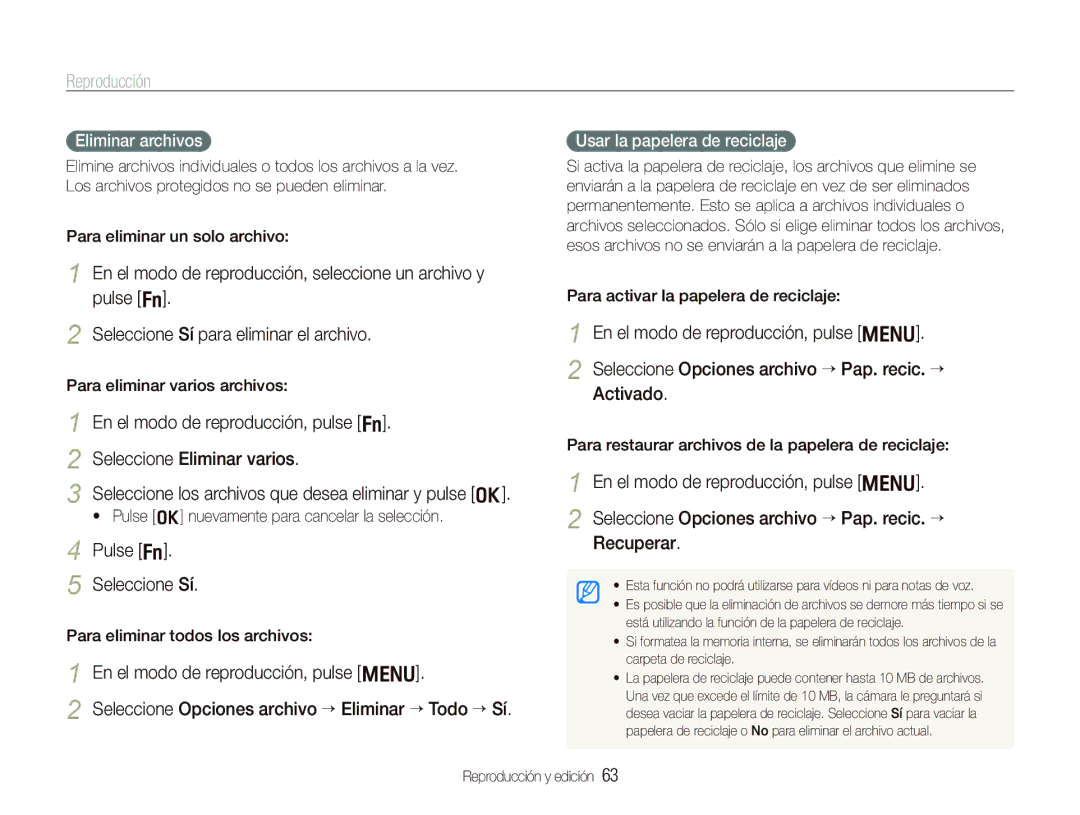 Samsung EC-PL10ZRBP/E1, EC-PL10ZPBP/E1 manual Pulse f Seleccione Sí, Eliminar archivos, Usar la papelera de reciclaje 