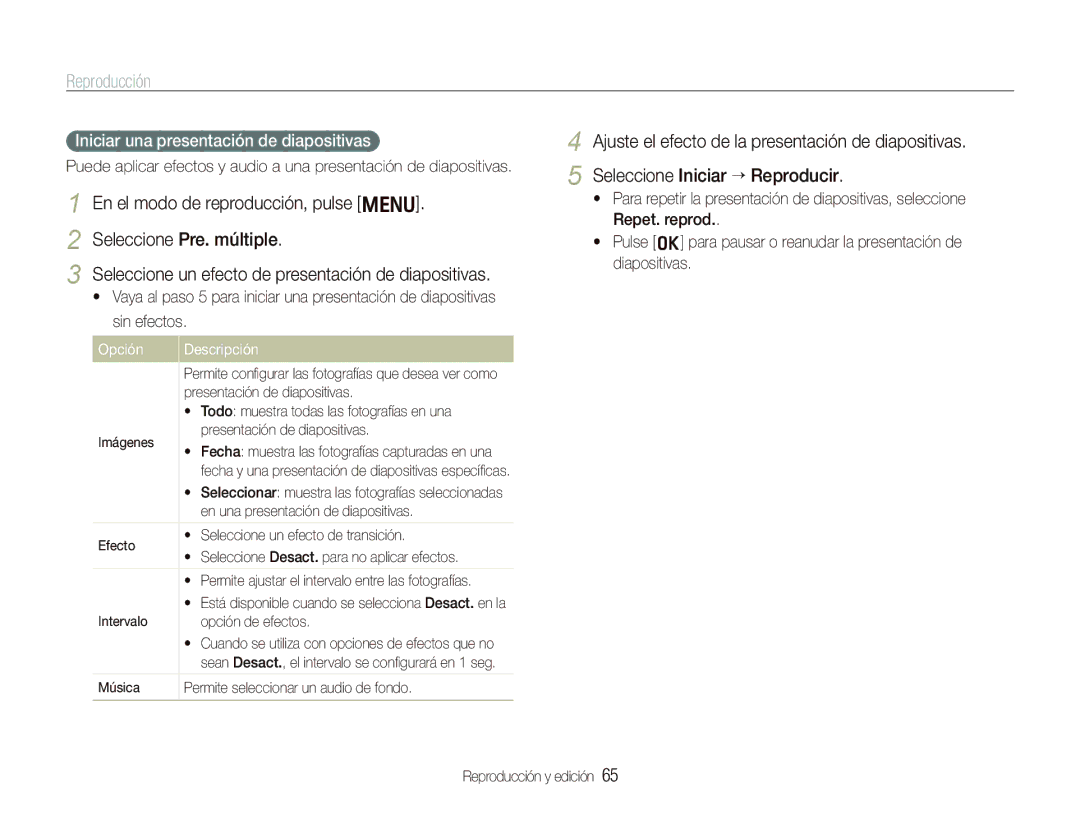 Samsung EC-PL10ZRBP/E1, EC-PL10ZPBP/E1 manual Iniciar una presentación de diapositivas 