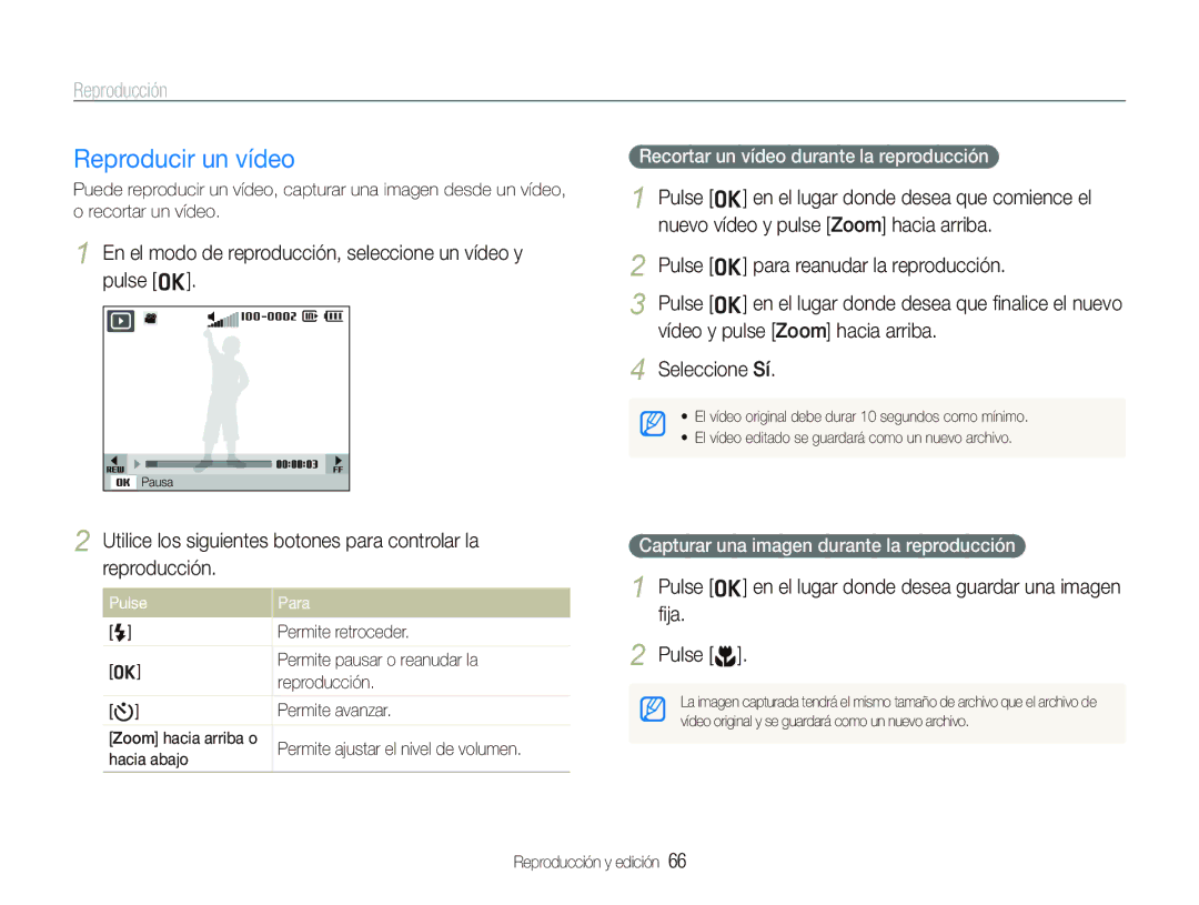 Samsung EC-PL10ZPBP/E1 manual Reproducir un vídeo, En el modo de reproducción, seleccione un vídeo y pulse o, Pulse Para 