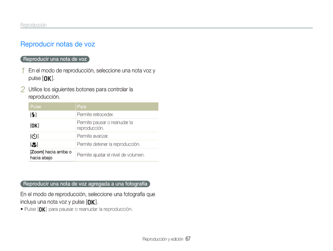 Samsung EC-PL10ZRBP/E1 manual Reproducir notas de voz, Reproducir una nota de voz, Permite detener la reproducción 