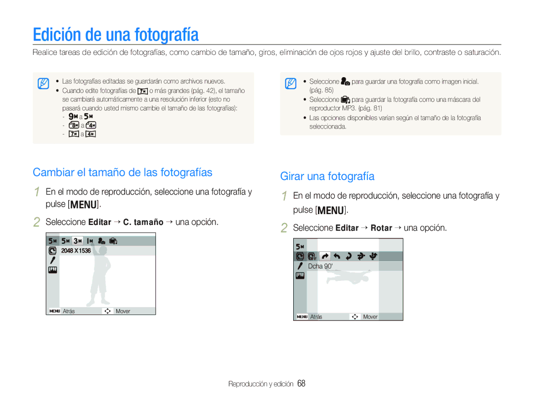 Samsung EC-PL10ZPBP/E1 manual Edición de una fotografía, Cambiar el tamaño de las fotografías, Girar una fotografía 