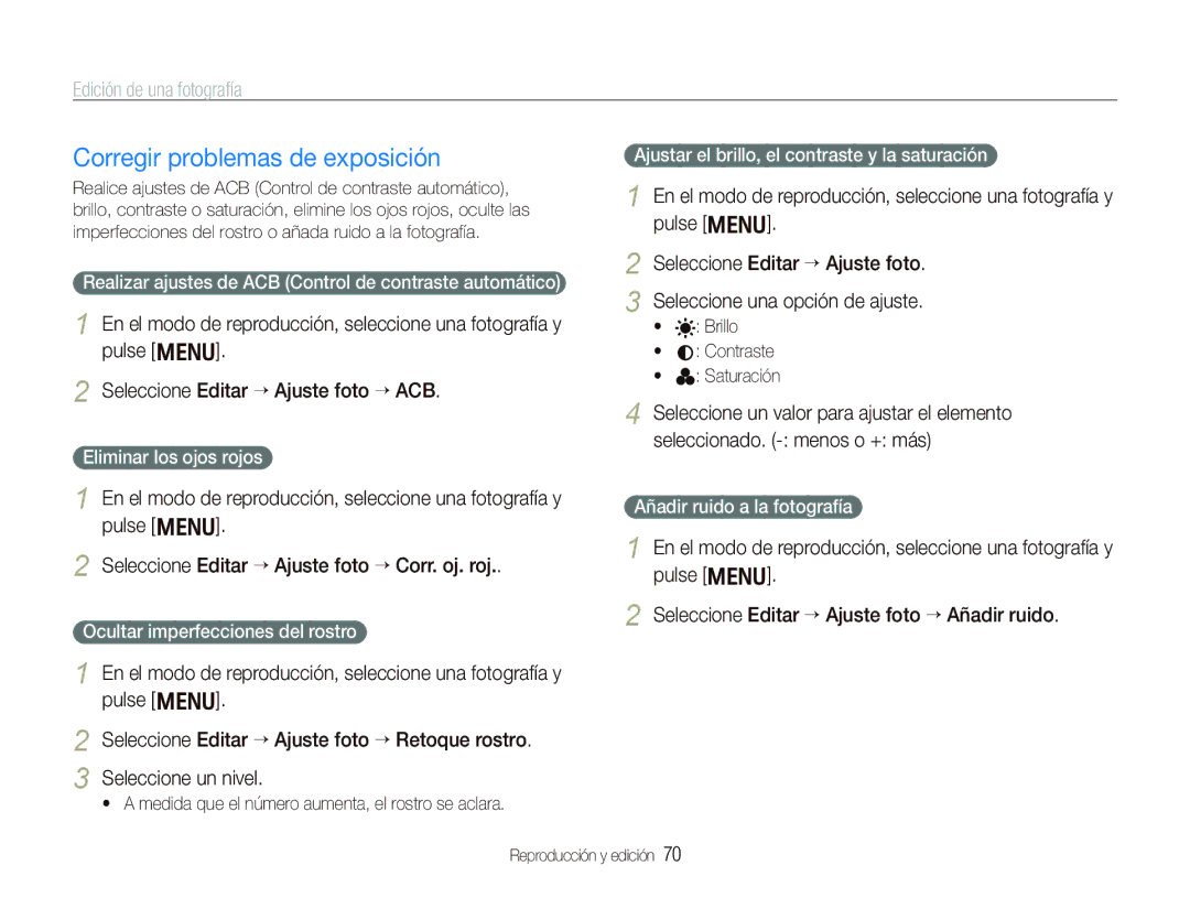 Samsung EC-PL10ZPBP/E1, EC-PL10ZRBP/E1 manual Corregir problemas de exposición 