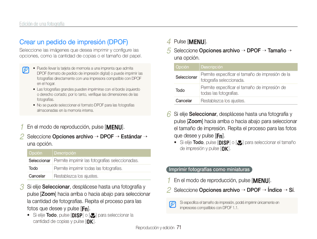 Samsung EC-PL10ZRBP/E1, EC-PL10ZPBP/E1 manual Crear un pedido de impresión Dpof, Imprimir fotografías como miniaturas 