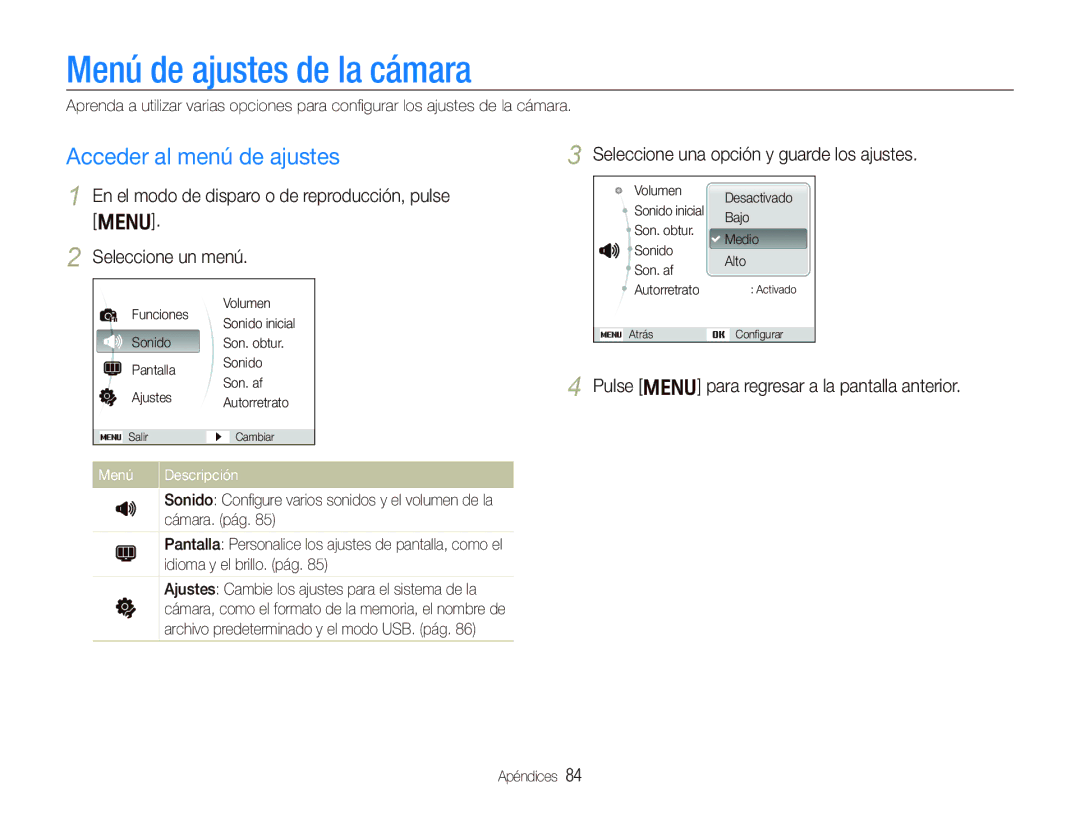 Samsung EC-PL10ZPBP/E1, EC-PL10ZRBP/E1 manual Menú de ajustes de la cámara, Acceder al menú de ajustes, Menú Descripción 