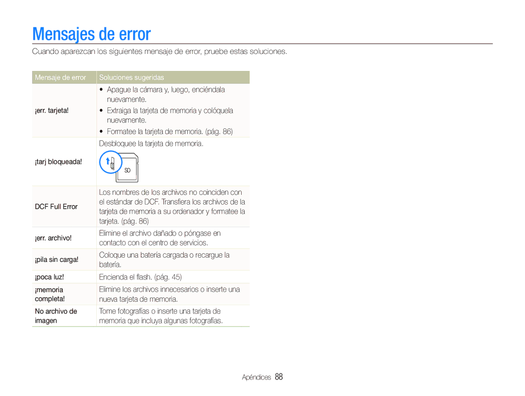 Samsung EC-PL10ZPBP/E1, EC-PL10ZRBP/E1 manual Mensajes de error, Mensaje de error Soluciones sugeridas 