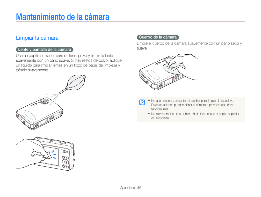 Samsung EC-PL10ZRBP/E1 Mantenimiento de la cámara, Limpiar la cámara, Lente y pantalla de la cámara, Cuerpo de la cámara 