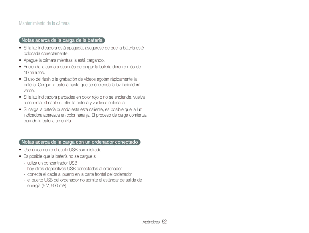 Samsung EC-PL10ZPBP/E1 manual Notas acerca de la carga de la batería, Notas acerca de la carga con un ordenador conectado 