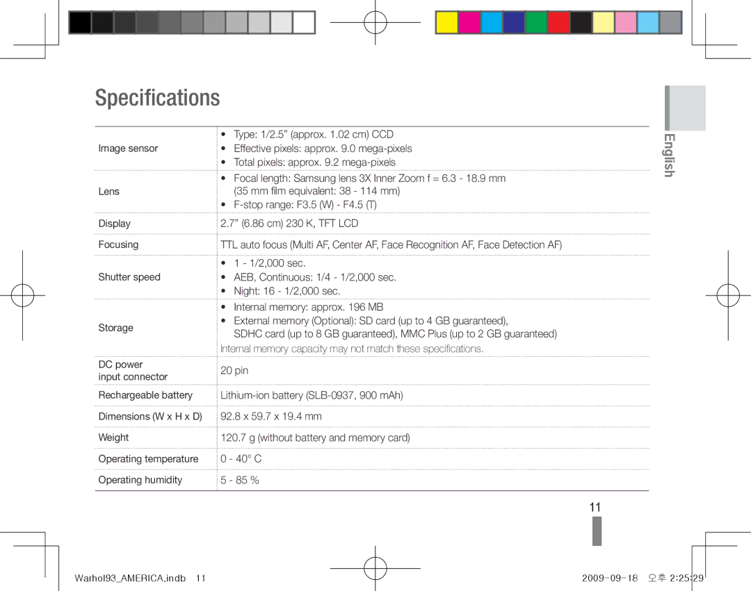 Samsung EC-PL10ZLBP/ME, EC-PL10ZRBP/FR, EC-PL10ZPBP/FR, EC-PL10ZLBP/FR, EC-PL10ZSBP/IT, EC-PL10ZRBP/IT manual Specifications 