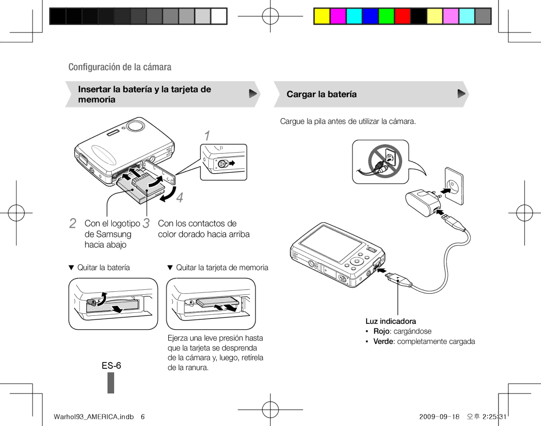 Samsung EC-PL10ZPBP/ME, EC-PL10ZRBP/FR, EC-PL10ZPBP/FR ES-6, Insertar la batería y la tarjeta de memoria, Cargar la batería 