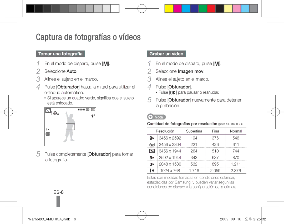 Samsung EC-PL10ZABP/VN, EC-PL10ZRBP/FR, EC-PL10ZPBP/FR, EC-PL10ZLBP/FR manual ES-8, Tomar una fotografía, Grabar un vídeo 