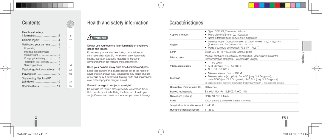 Samsung EC-PL10ZLBP/FR, EC-PL10ZRBP/FR, EC-PL10ZPBP/FR manual Contents, Health and safety information, Caractéristiques 