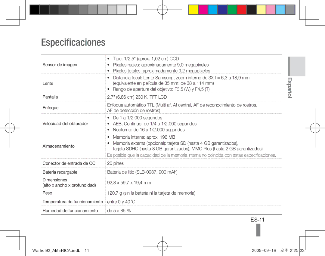 Samsung EC-PL10ZBBP/VN, EC-PL10ZRBP/FR, EC-PL10ZPBP/FR, EC-PL10ZLBP/FR, EC-PL10ZSBP/IT, EC-PL10ZRBP/IT Especificaciones, ES-11 