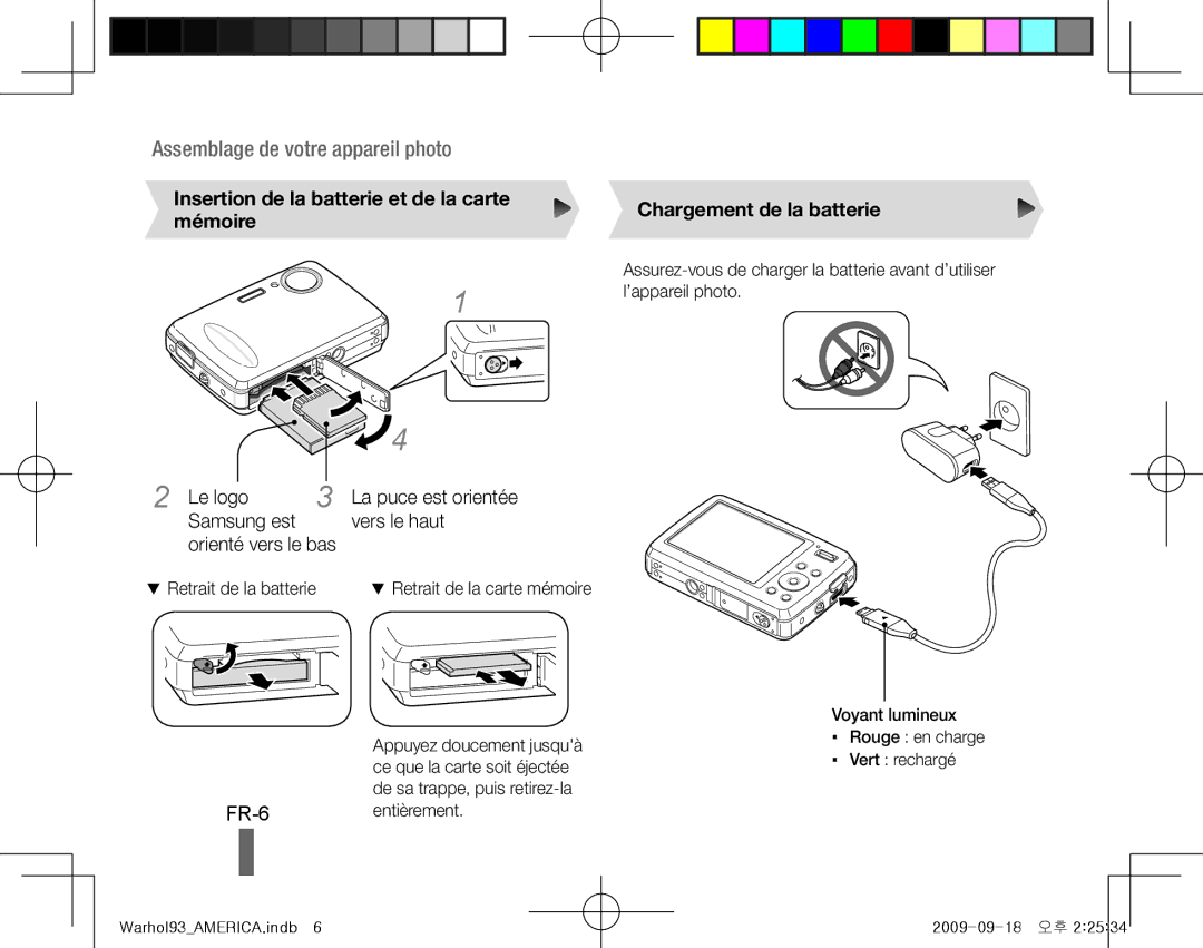 Samsung EC-PL10ZPBP/E3, EC-PL10ZRBP/FR manual FR-6, Insertion de la batterie et de la carte mémoire, Le logo, Samsung est 