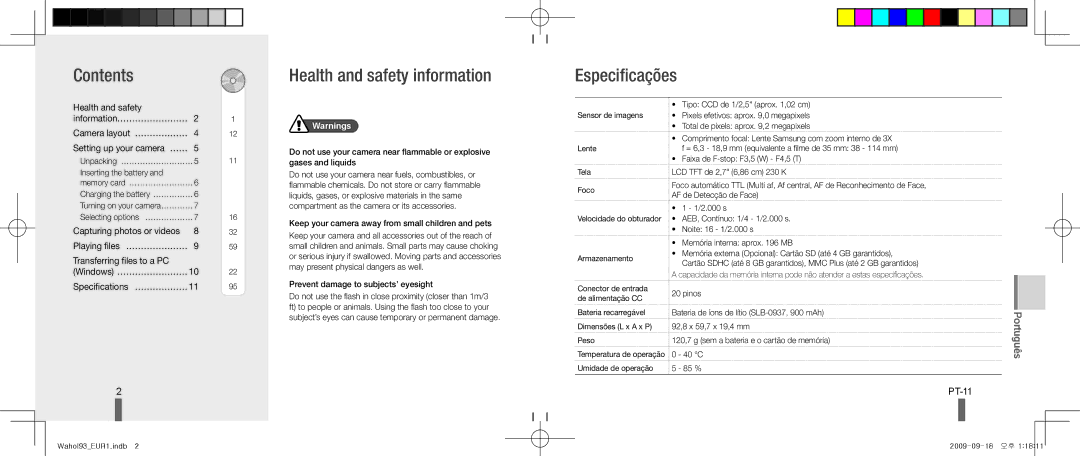 Samsung EC-PL10ZLBP/FR, EC-PL10ZRBP/FR, EC-PL10ZPBP/FR, EC-PL10ZSBP/IT Contents Health and safety information Especificações 