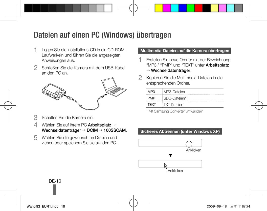 Samsung EC-PL10ZSBP/VN manual Dateien auf einen PC Windows übertragen, DE-10, Multimedia-Dateien auf die Kamera übertragen 