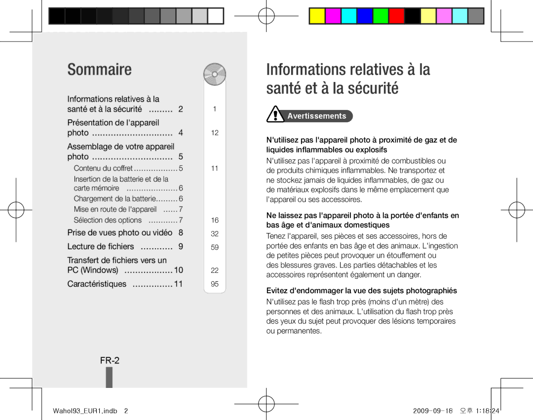 Samsung EC-PL10ZPBP/VN, EC-PL10ZRBP/FR Sommaire, Informations relatives à la santé et à la sécurité, FR-2, Avertissements 