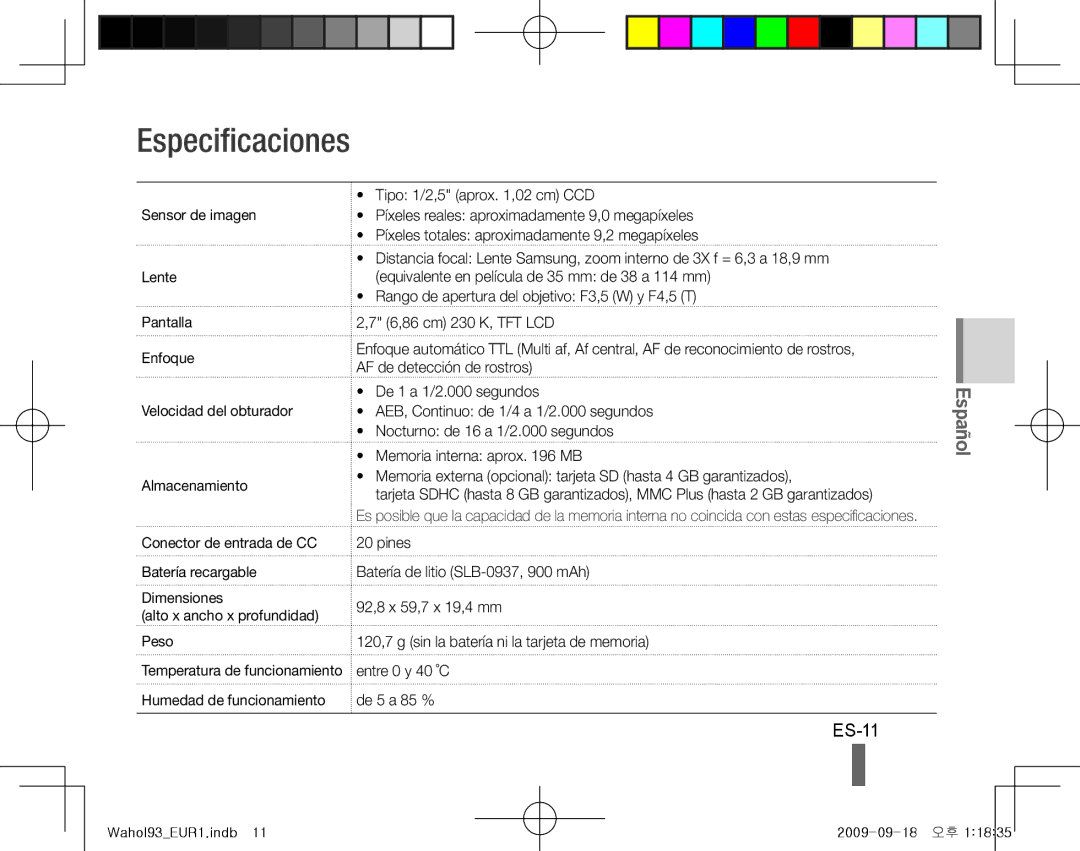 Samsung EC-PL10ZRBP/FR, EC-PL10ZPBP/FR, EC-PL10ZLBP/FR, EC-PL10ZSBP/IT, EC-PL10ZRBP/IT, EC-PL10ZABA/IT Especificaciones, ES-11 