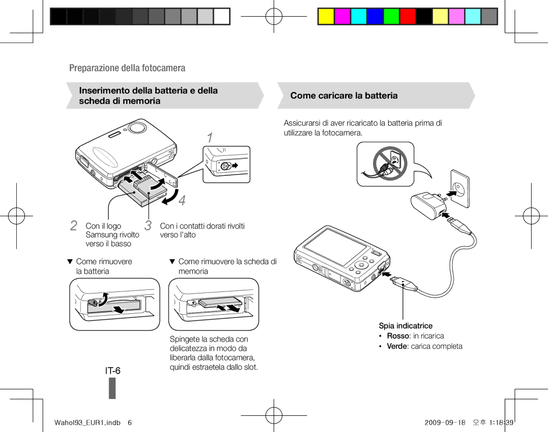 Samsung EC-PL10ZABA/IT, EC-PL10ZRBP/FR, EC-PL10ZPBP/FR manual IT-6, Inserimento della batteria e della, Scheda di memoria 