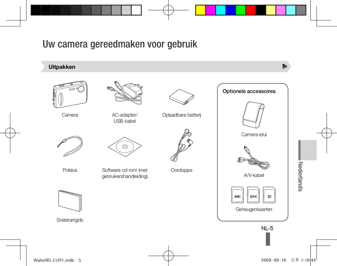 Samsung EC-PL10ZRBP/SA manual Uw camera gereedmaken voor gebruik, NL-5, Uitpakken, Optionele accessoires, Snelstartgids 